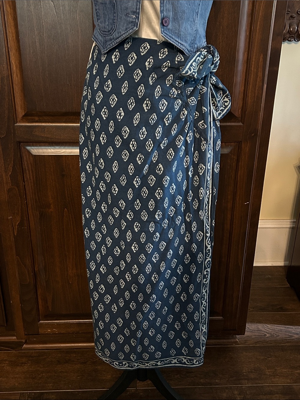 Polo Ralph Lauren Sz XS Blue Diamond Block Midi Printed Tie Waist Wrap Skirt